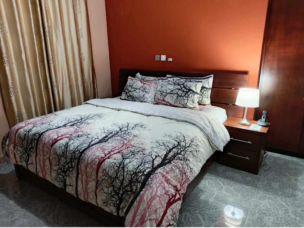 Premium hotel room interior at Green Apple Hotel Accra featuring Queen bed, executive sofa, and dining table.